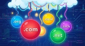 סמלילים צבעוניים של דומיינים פופולריים: .com, .org, .net, .co.il,.
