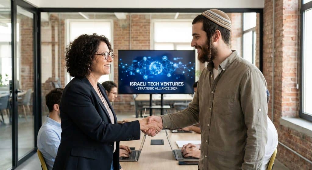 שני יזמים מחייכים ומחבקים במשרד עם מסך מציג שותפות טכנולוגית ישראלית.