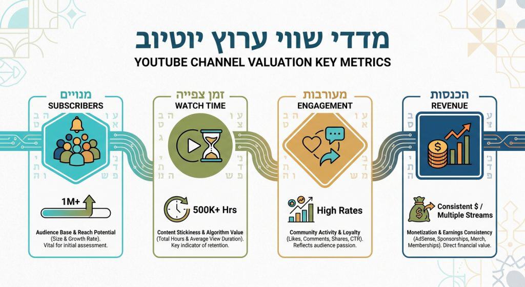 גרף ומדדים של ערוץ יוטיוב עם נתונים על מנויים, צפיות, מעורבות והכנסות.